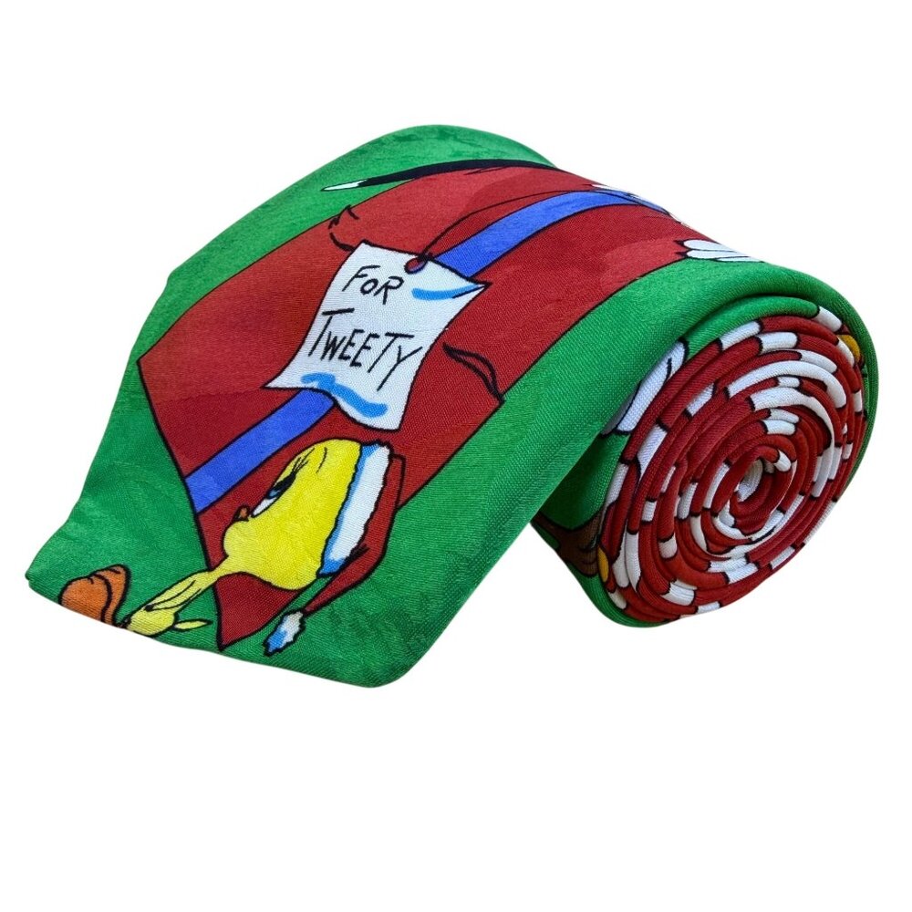 Looney Tunes Mens Green Christmas Holiday Neck Tie Tweety & Sylvester Print